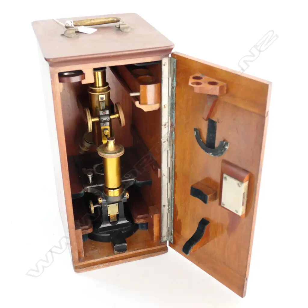 CARL ZEISS, JENA, No.23561 BRASS COMPOUND MONOCULAR MICROSCOPE IN MAHOG BOX. Image 1++